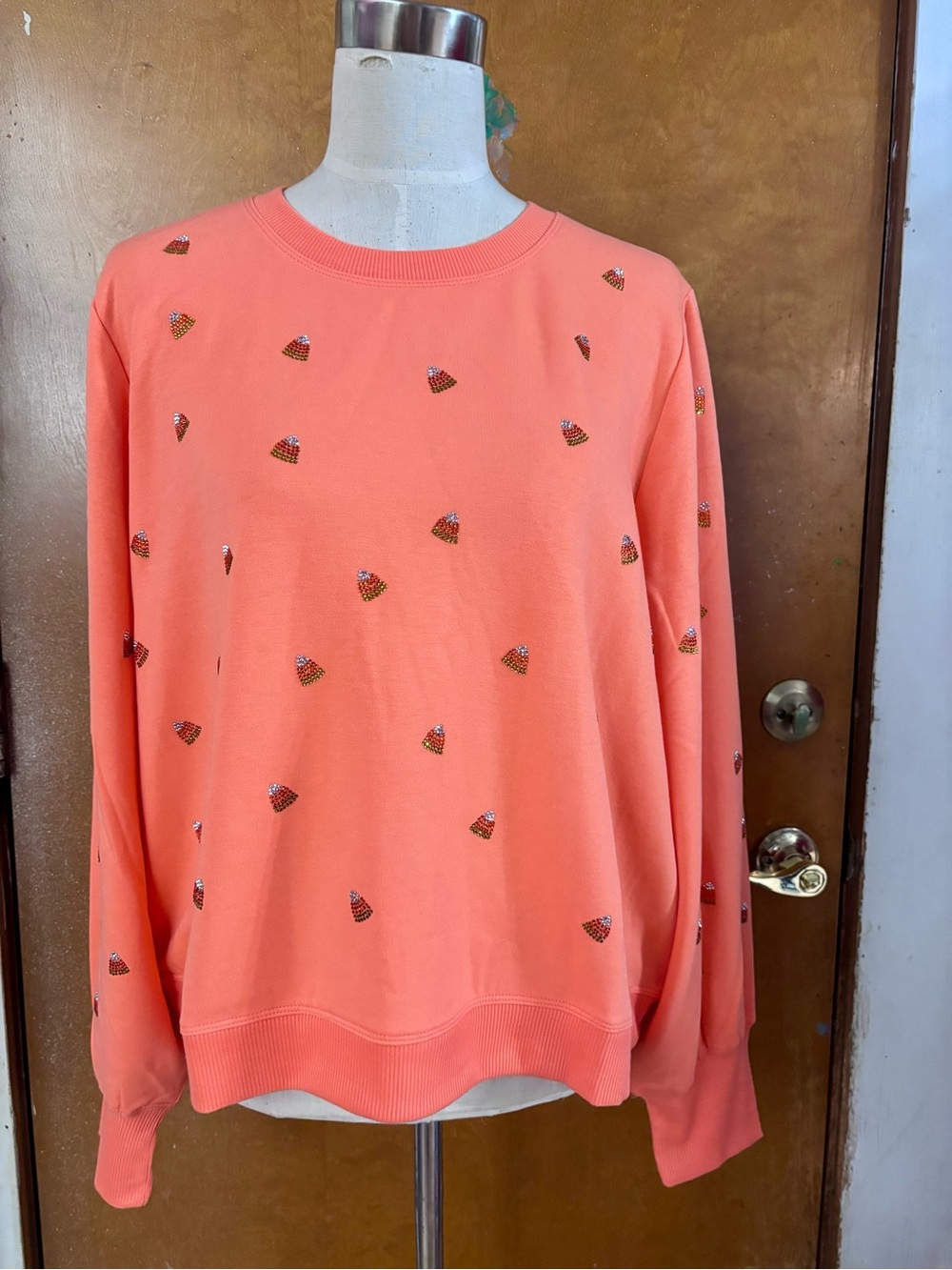 Candy Corn Rhinestone Pullover casual long sleeve  top.  Xl. New.